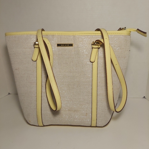 Ann Klein Beige & Yellow Tote Bag Purse Shoulder Bag Metallic Canvas w Wallet - Picture 3 of 14